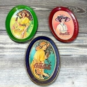 Vintage Victorian Collectible Coca Cola Mini Tin Oval Trays 6" Set of 3